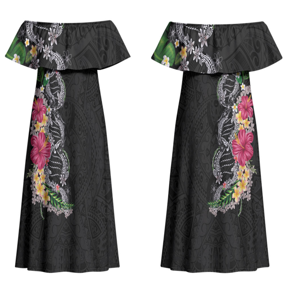 Hawaii DNA Kakau Tattoo Family Matching Off Shoulder Maxi Dress and Hawaiian Shirt with Plumeria and Hibiscus Tropical Plants Black Color
