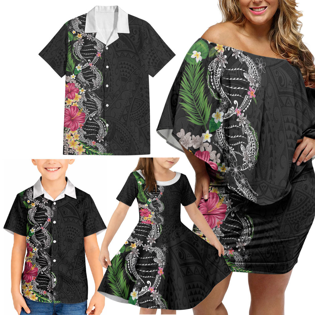 Hawaii DNA Kakau Tattoo Family Matching Off Shoulder Short Dress and Hawaiian Shirt with Plumeria and Hibiscus Tropical Plants Black Color
