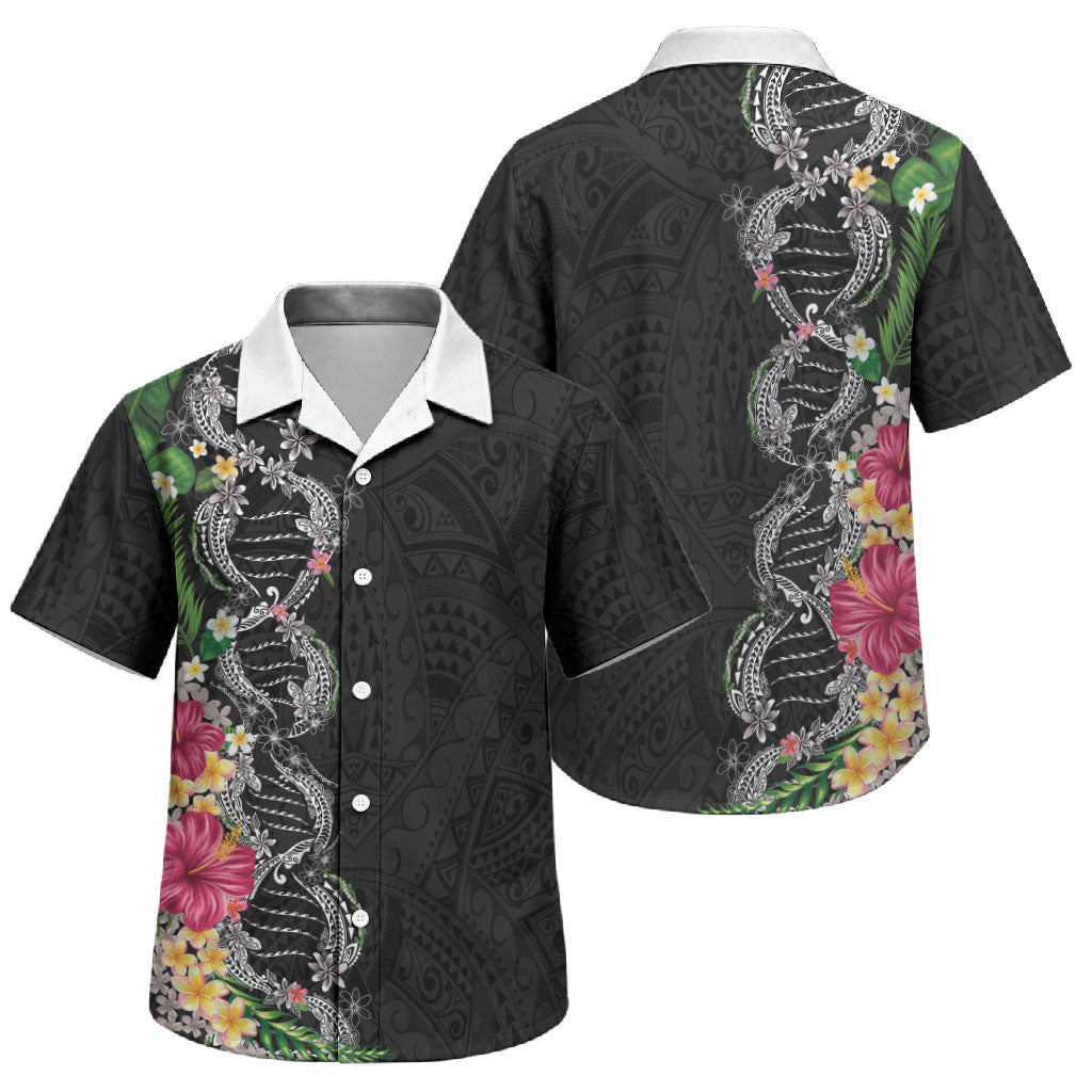 Hawaii DNA Kakau Tattoo Family Matching Off Shoulder Short Dress and Hawaiian Shirt with Plumeria and Hibiscus Tropical Plants Black Color
