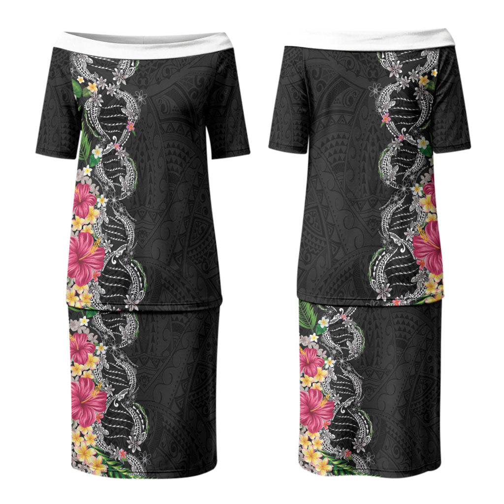 Hawaii DNA Kakau Tattoo Family Matching Puletasi and Hawaiian Shirt with Plumeria and Hibiscus Tropical Plants Black Color