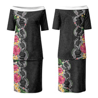 Hawaii DNA Kakau Tattoo Family Matching Puletasi and Hawaiian Shirt with Plumeria and Hibiscus Tropical Plants Black Color