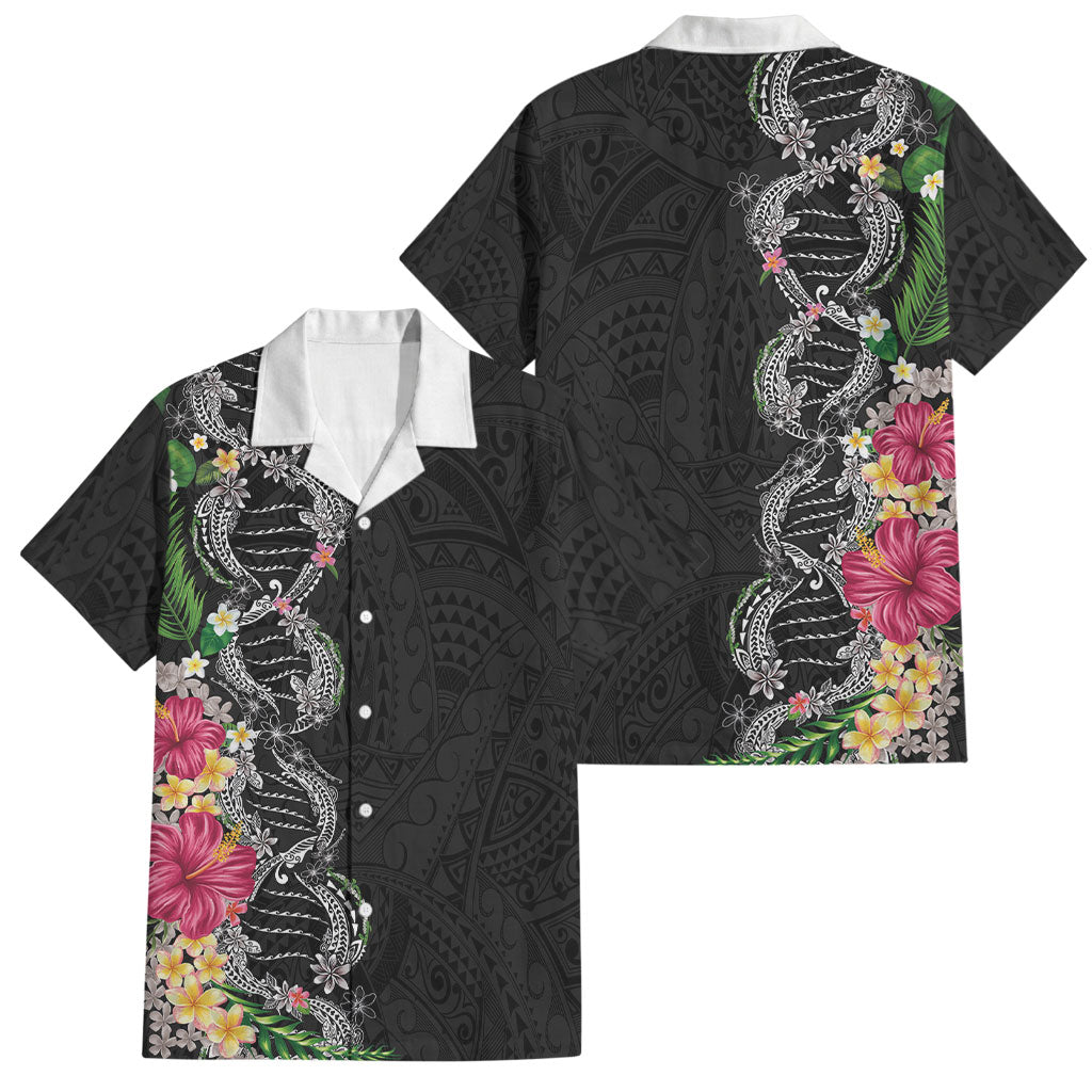 Hawaii DNA Kakau Tattoo Family Matching Short Sleeve Bodycon Dress and Hawaiian Shirt with Plumeria and Hibiscus Tropical Plants Black Color