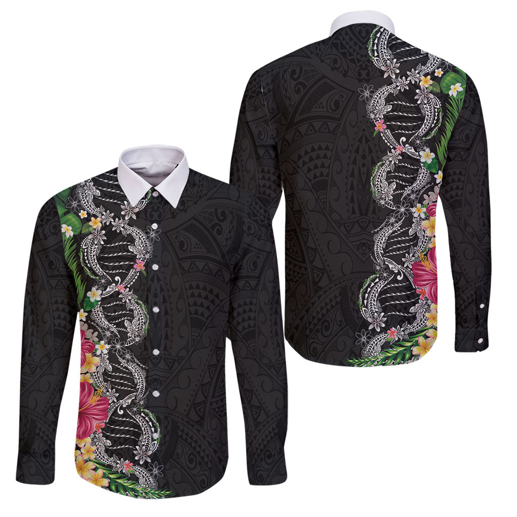 Hawaii DNA Kakau Tattoo Family Matching Tank Maxi Dress and Hawaiian Shirt with Plumeria and Hibiscus Tropical Plants Black Color