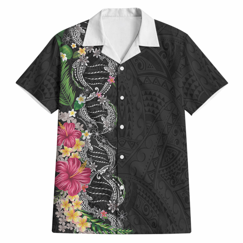 Hawaii DNA Kakau Tattoo Hawaiian Shirt with Plumeria and Hibiscus Tropical Plants Black Color