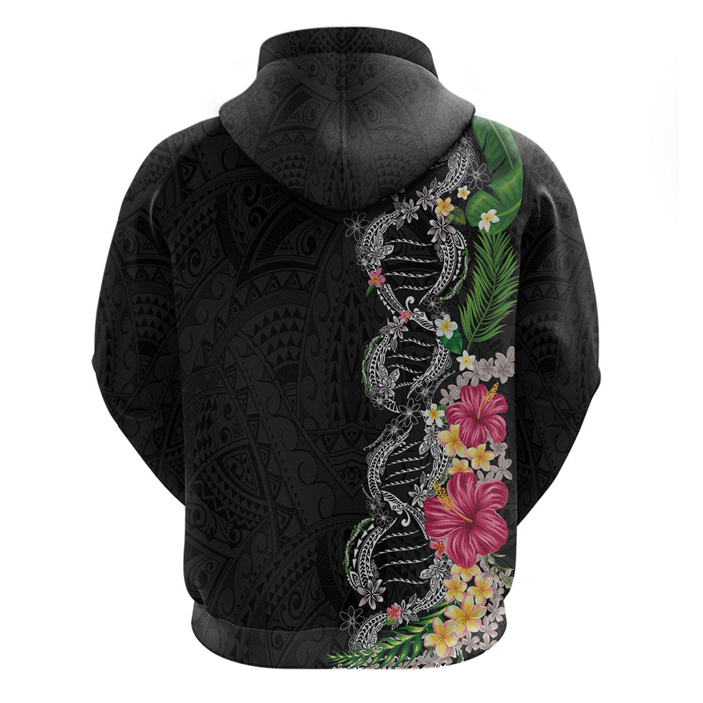 Hawaii DNA Kakau Tattoo Hoodie with Plumeria and Hibiscus Tropical Plants Black Color