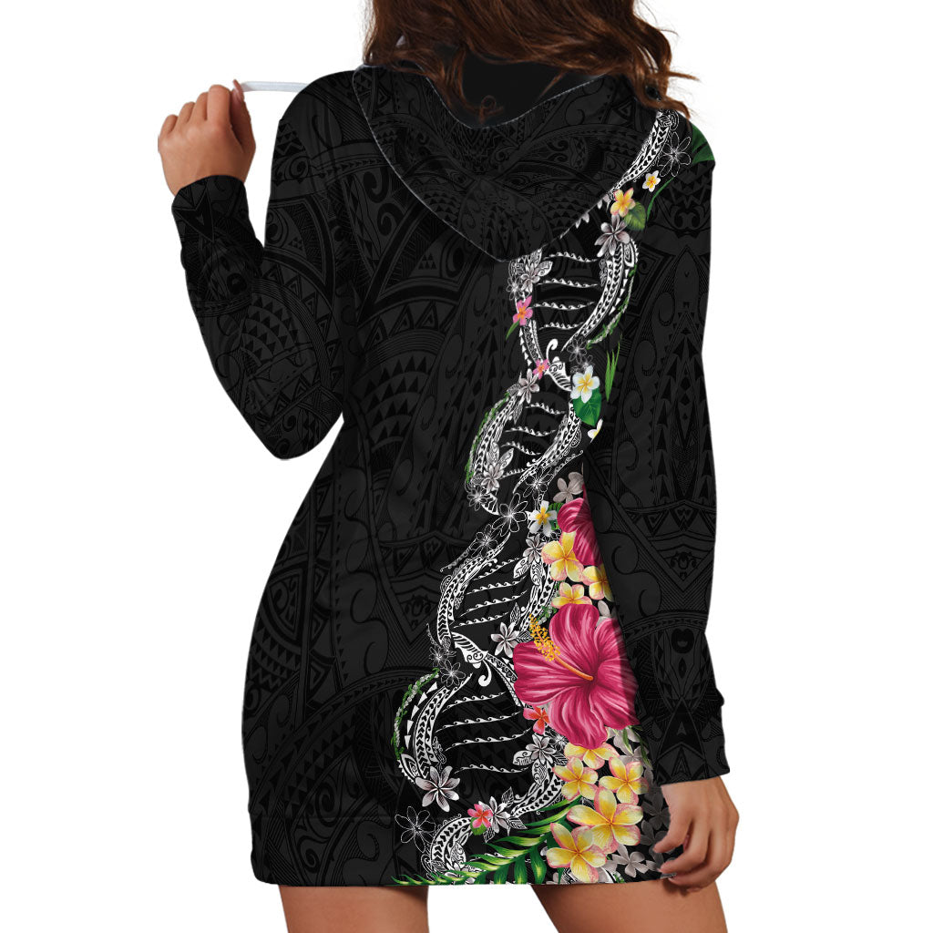 Hawaii DNA Kakau Tattoo Hoodie Dress with Plumeria and Hibiscus Tropical Plants Black Color