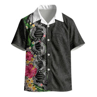 Hawaii DNA Kakau Tattoo Kid Hawaiian Shirt with Plumeria and Hibiscus Tropical Plants Black Color