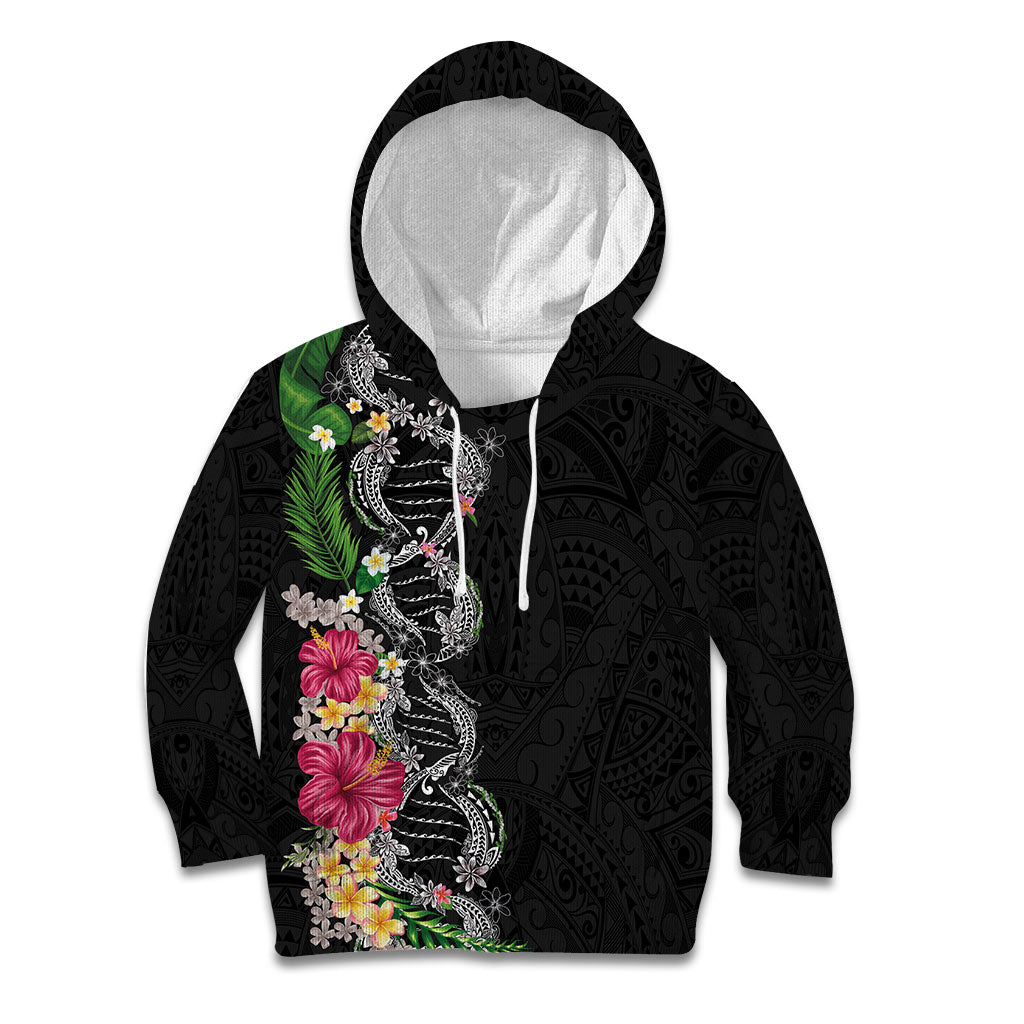 Hawaii DNA Kakau Tattoo Kid Hoodie with Plumeria and Hibiscus Tropical Plants Black Color