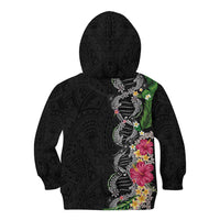 Hawaii DNA Kakau Tattoo Kid Hoodie with Plumeria and Hibiscus Tropical Plants Black Color