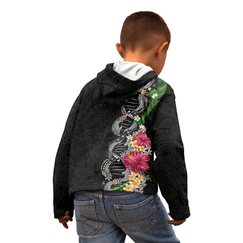 Hawaii DNA Kakau Tattoo Kid Hoodie with Plumeria and Hibiscus Tropical Plants Black Color
