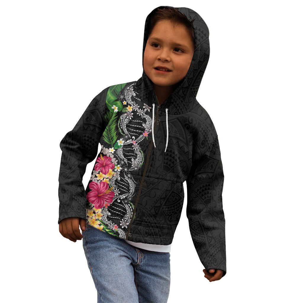 Hawaii DNA Kakau Tattoo Kid Hoodie with Plumeria and Hibiscus Tropical Plants Black Color