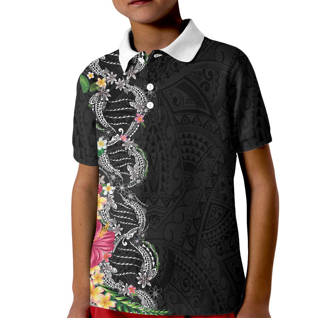 Hawaii DNA Kakau Tattoo Kid Polo Shirt with Plumeria and Hibiscus Tropical Plants Black Color