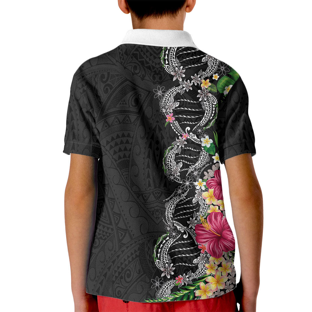 Hawaii DNA Kakau Tattoo Kid Polo Shirt with Plumeria and Hibiscus Tropical Plants Black Color