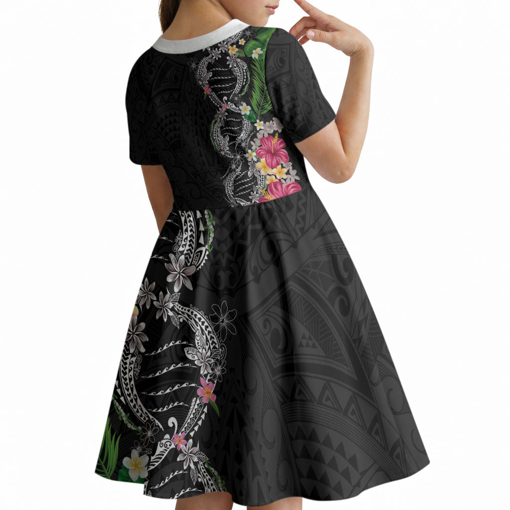 Hawaii DNA Kakau Tattoo Kid Short Sleeve Dress with Plumeria and Hibiscus Tropical Plants Black Color