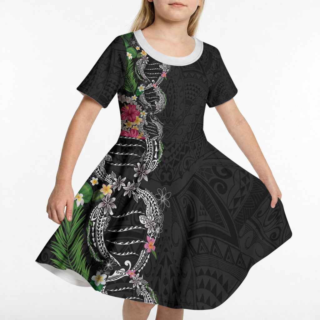 Hawaii DNA Kakau Tattoo Kid Short Sleeve Dress with Plumeria and Hibiscus Tropical Plants Black Color