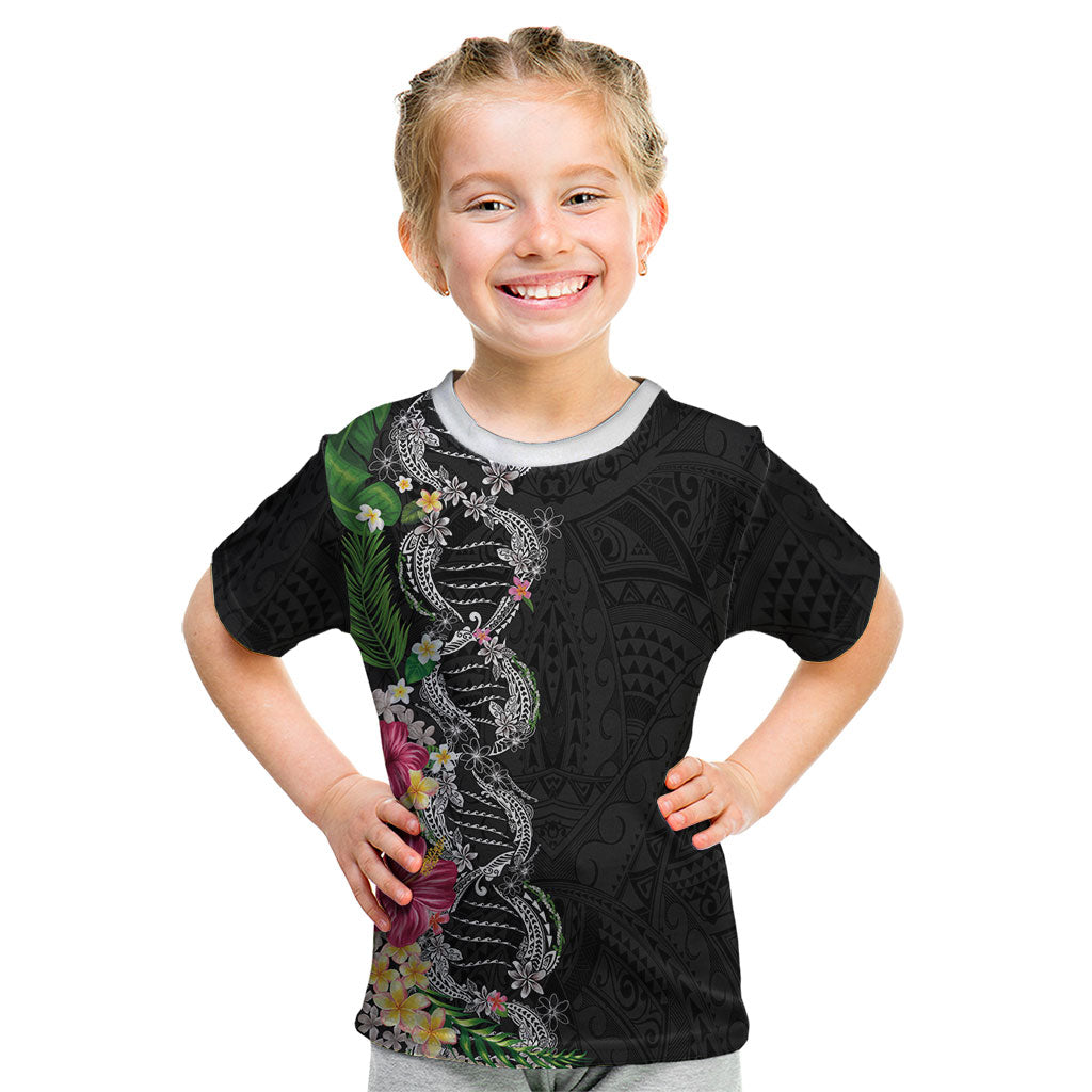 Hawaii DNA Kakau Tattoo Kid T Shirt with Plumeria and Hibiscus Tropical Plants Black Color