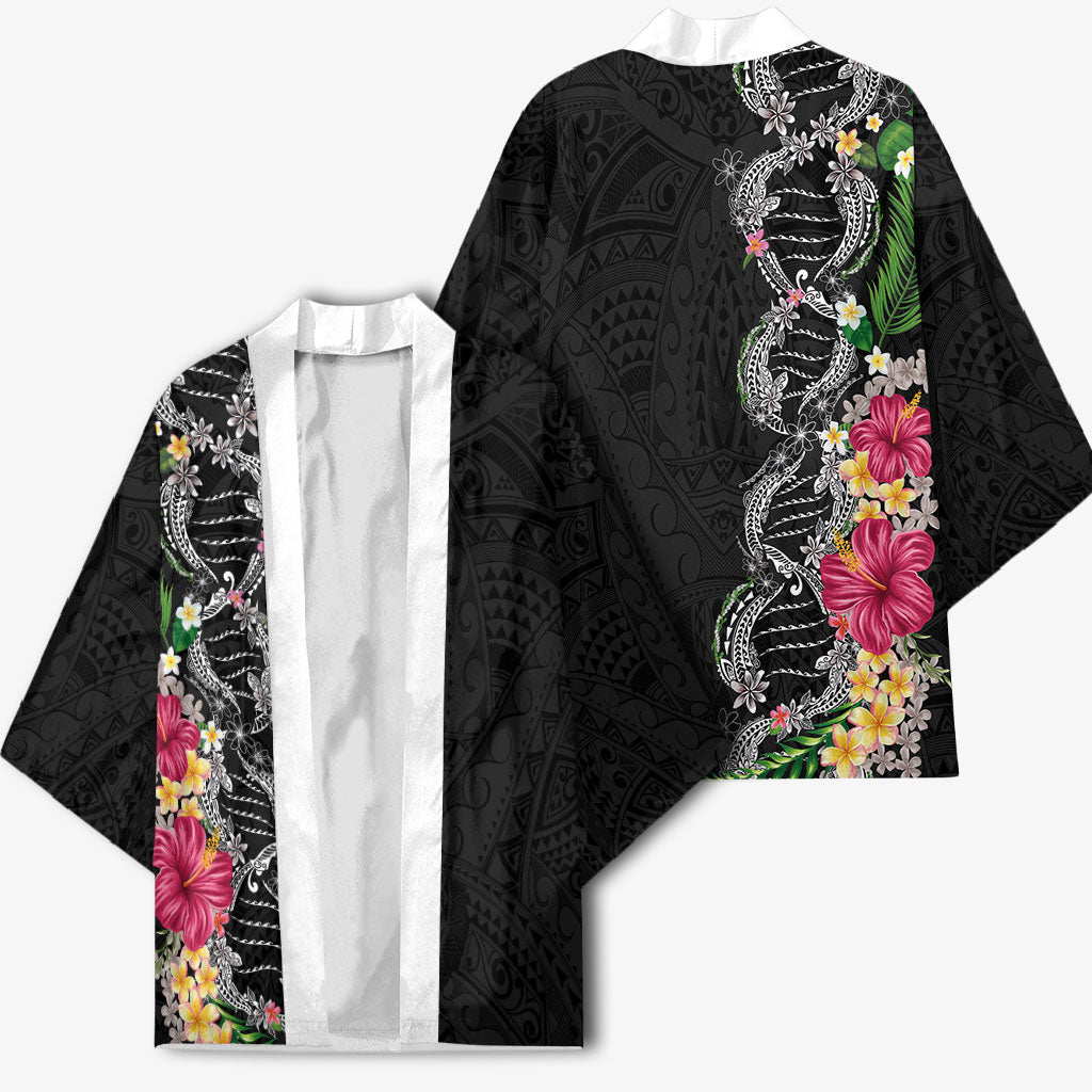 Hawaii DNA Kakau Tattoo Kimono with Plumeria and Hibiscus Tropical Plants Black Color