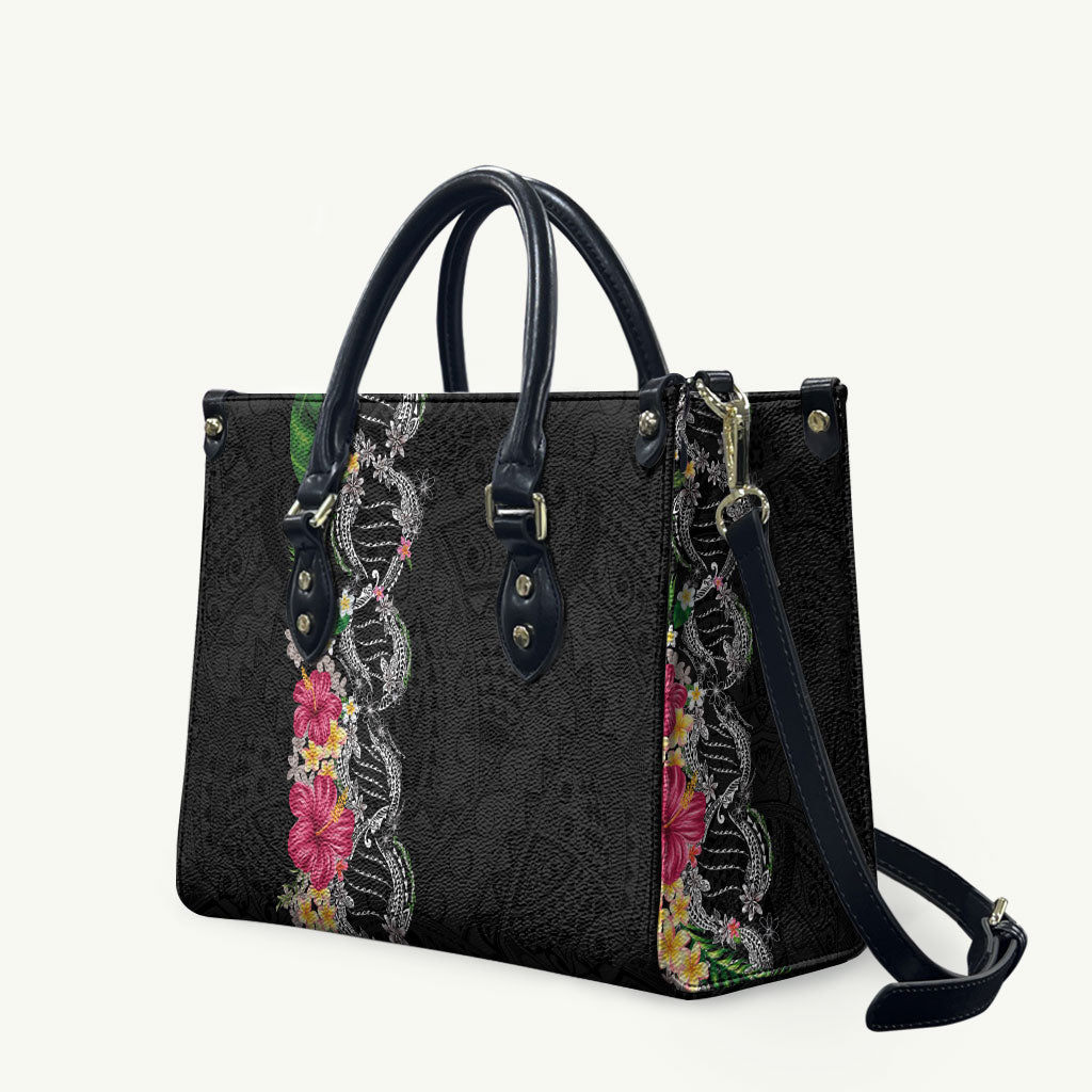 Hawaii DNA Kakau Tattoo Leather Bag with Plumeria and Hibiscus Tropical Plants Black Color LT03 Black - Polynesian Pride