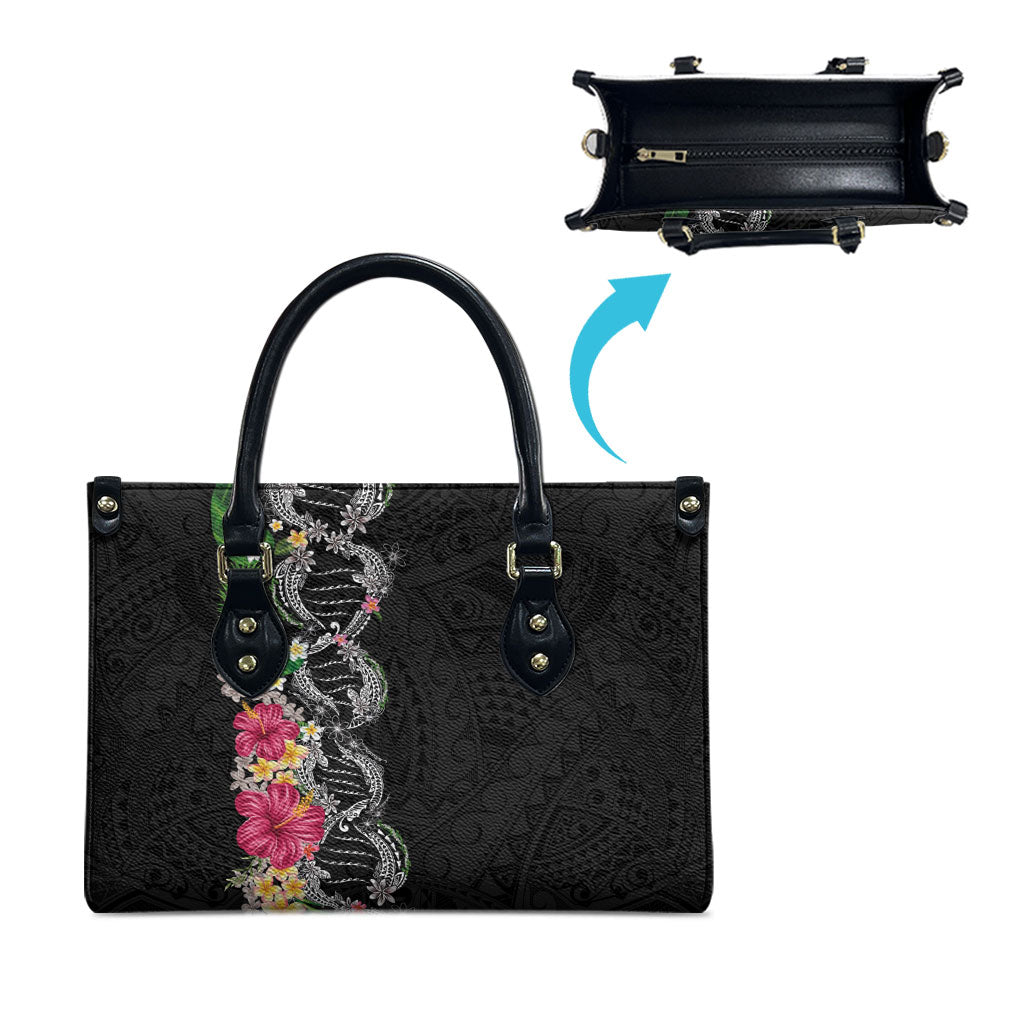 Hawaii DNA Kakau Tattoo Leather Bag with Plumeria and Hibiscus Tropical Plants Black Color