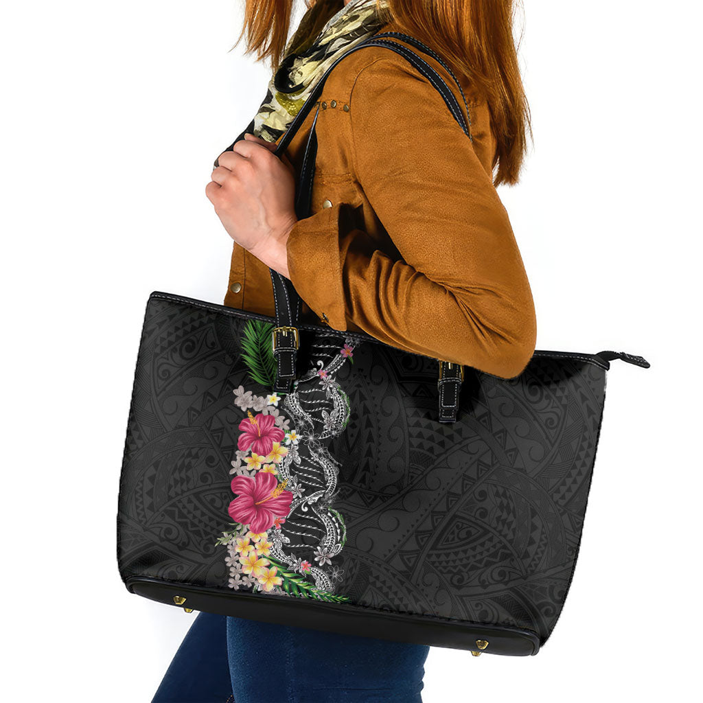 Hawaii DNA Kakau Tattoo Leather Tote Bag with Plumeria and Hibiscus Tropical Plants Black Color