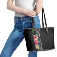 Hawaii DNA Kakau Tattoo Leather Tote Bag with Plumeria and Hibiscus Tropical Plants Black Color