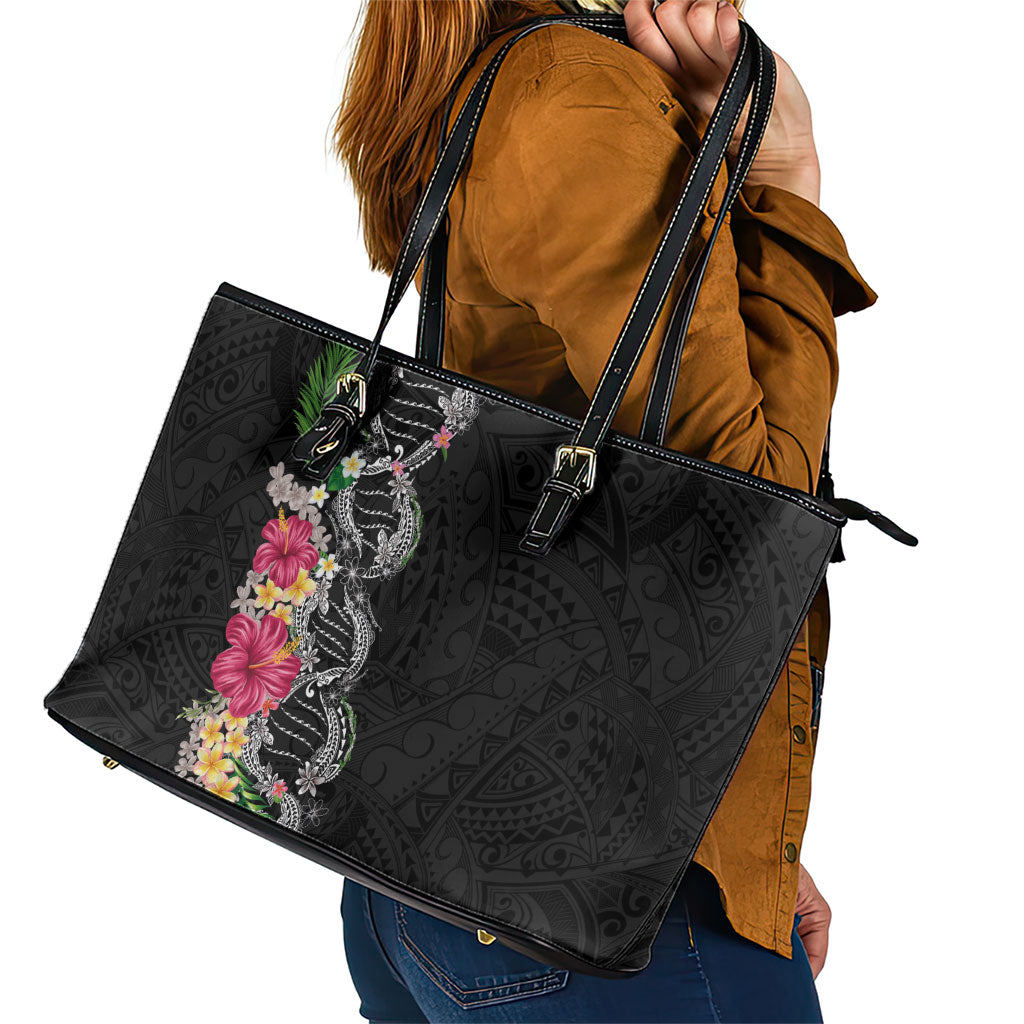 Hawaii DNA Kakau Tattoo Leather Tote Bag with Plumeria and Hibiscus Tropical Plants Black Color