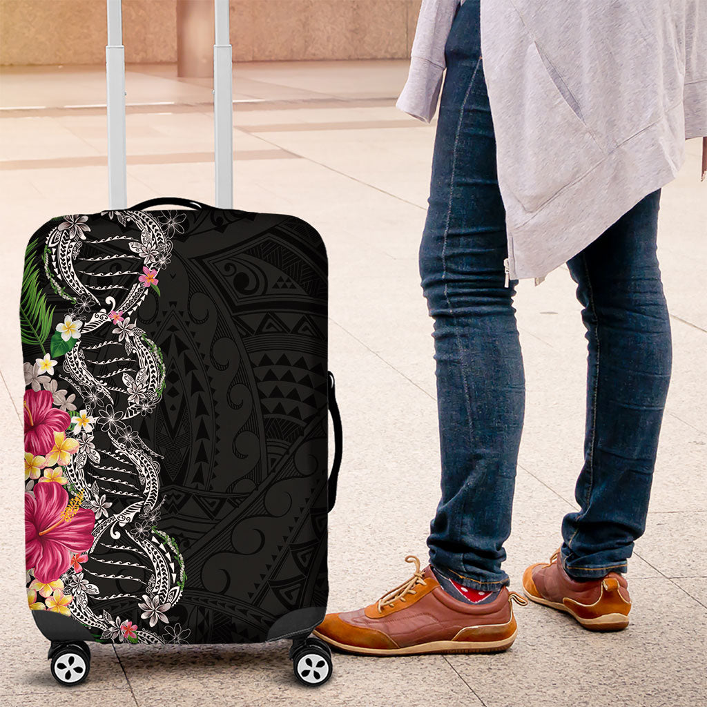 Hawaii DNA Kakau Tattoo Luggage Cover with Plumeria and Hibiscus Tropical Plants Black Color