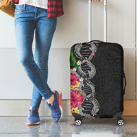 Hawaii DNA Kakau Tattoo Luggage Cover with Plumeria and Hibiscus Tropical Plants Black Color