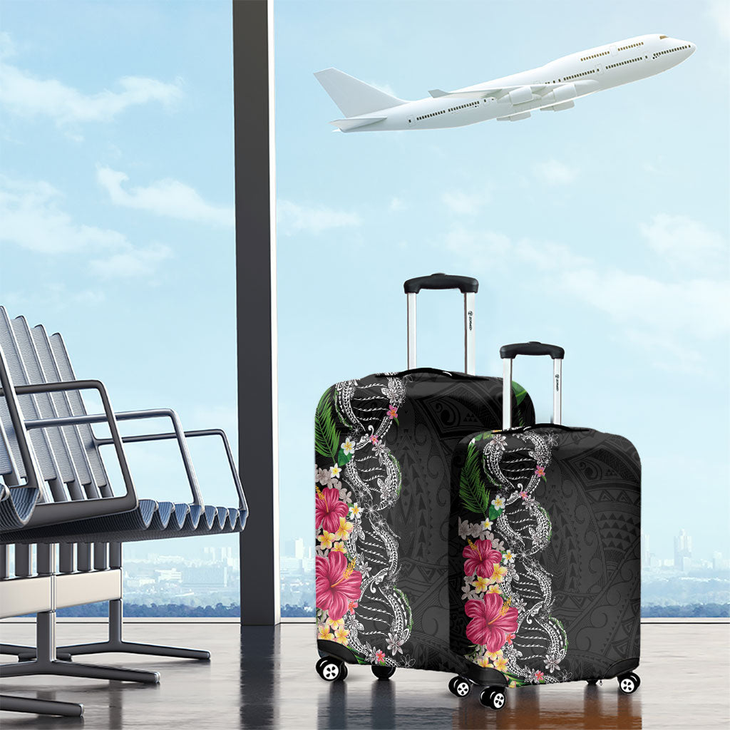 Hawaii DNA Kakau Tattoo Luggage Cover with Plumeria and Hibiscus Tropical Plants Black Color