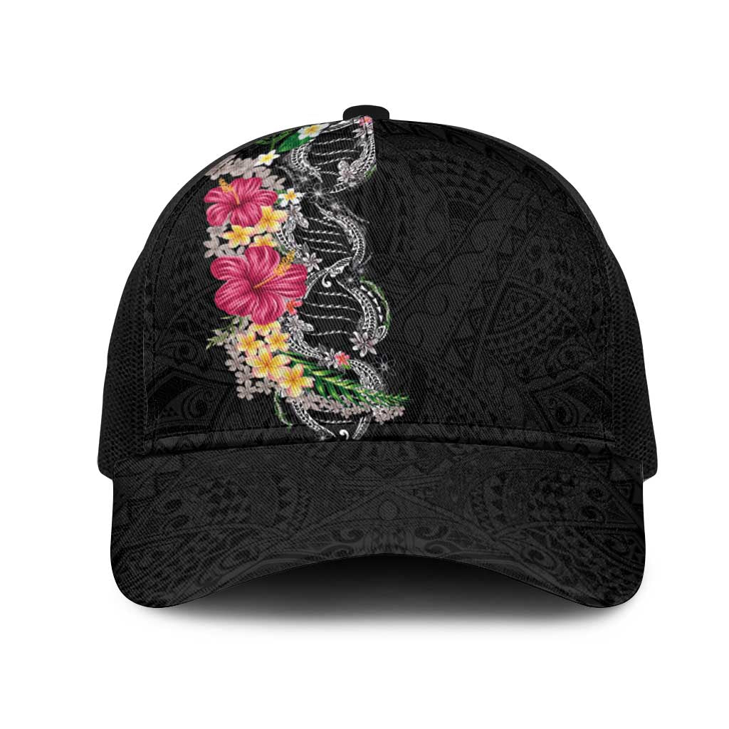 Hawaii DNA Kakau Tattoo Mesh Trucker Cap with Plumeria and Hibiscus Tropical Plants Black Color