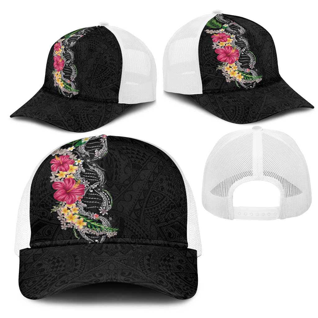 Hawaii DNA Kakau Tattoo Mesh Trucker Cap with Plumeria and Hibiscus Tropical Plants Black Color