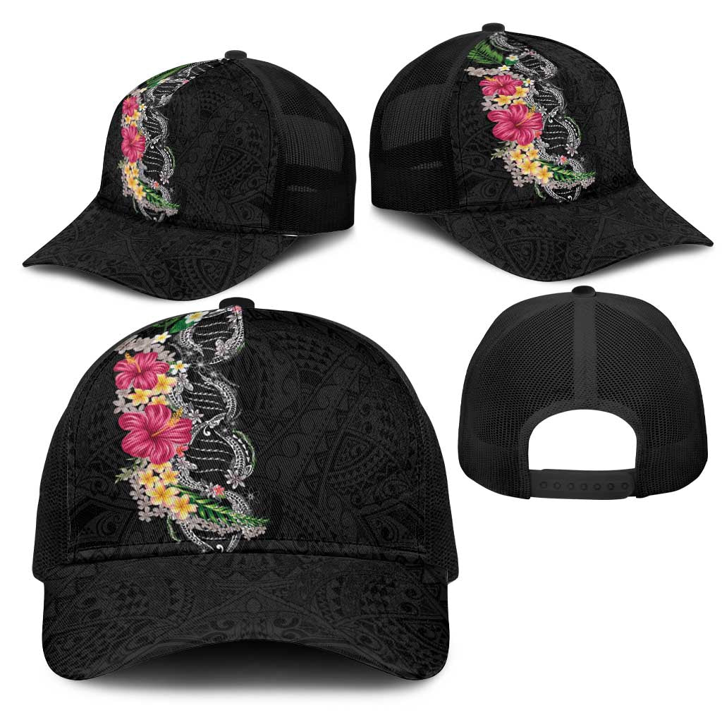 Hawaii DNA Kakau Tattoo Mesh Trucker Cap with Plumeria and Hibiscus Tropical Plants Black Color