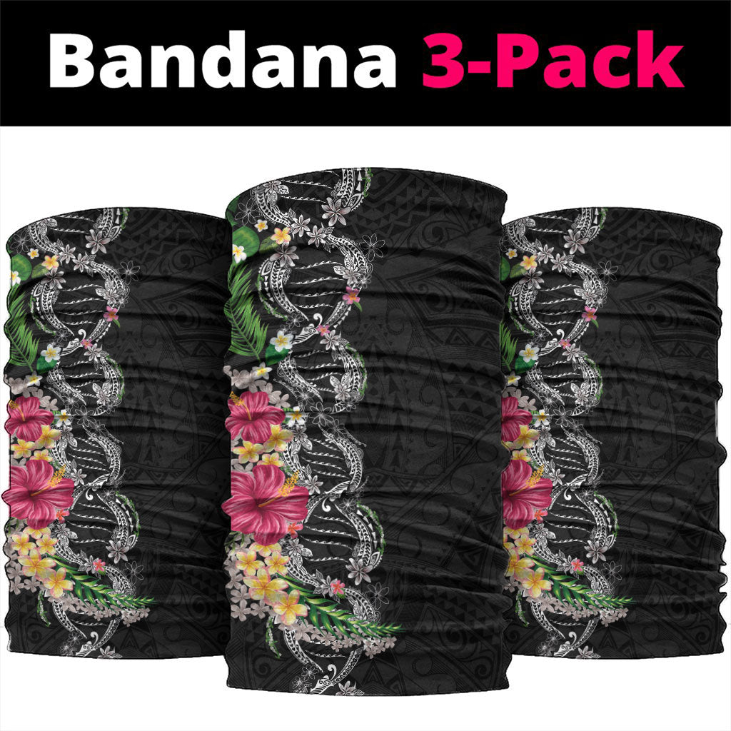 Hawaii DNA Kakau Tattoo Neck Gaiter with Plumeria and Hibiscus Tropical Plants Black Color