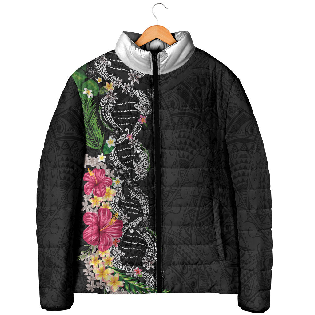 Hawaii DNA Kakau Tattoo Padded Jacket with Plumeria and Hibiscus Tropical Plants Black Color