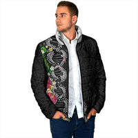 Hawaii DNA Kakau Tattoo Padded Jacket with Plumeria and Hibiscus Tropical Plants Black Color