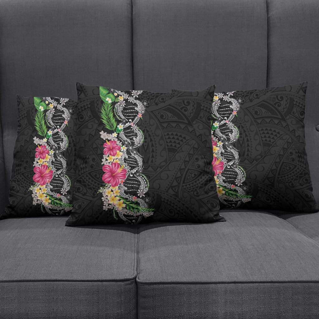 Hawaii DNA Kakau Tattoo Pillow Cover with Plumeria and Hibiscus Tropical Plants Black Color