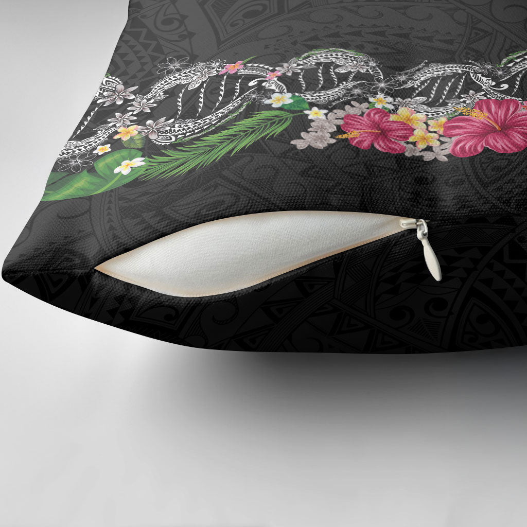Hawaii DNA Kakau Tattoo Pillow Cover with Plumeria and Hibiscus Tropical Plants Black Color