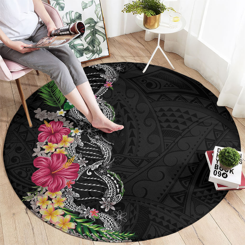 Hawaii DNA Kakau Tattoo Round Carpet with Plumeria and Hibiscus Tropical Plants Black Color