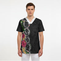 Hawaii DNA Kakau Tattoo Scrub Top with Plumeria and Hibiscus Tropical Plants Black Color