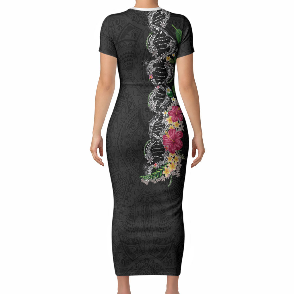 Hawaii DNA Kakau Tattoo Short Sleeve Bodycon Dress with Plumeria and Hibiscus Tropical Plants Black Color