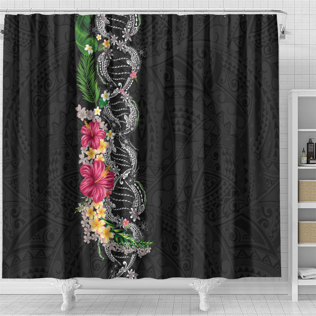 Hawaii DNA Kakau Tattoo Shower Curtain with Plumeria and Hibiscus Tropical Plants Black Color