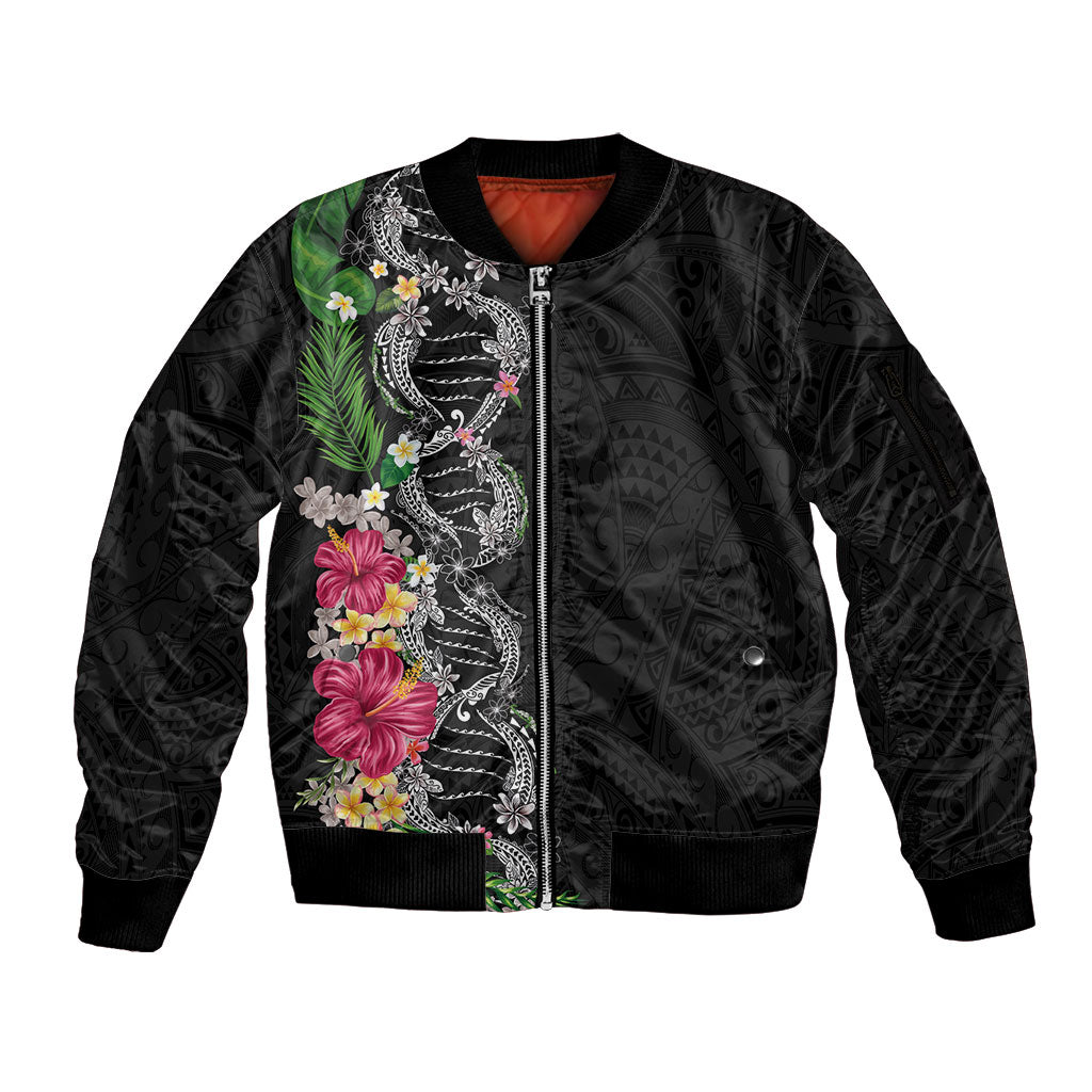 Hawaii DNA Kakau Tattoo Sleeve Zip Bomber Jacket with Plumeria and Hibiscus Tropical Plants Black Color LT03 Unisex Black - Polynesian Pride
