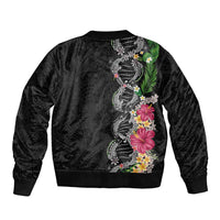 Hawaii DNA Kakau Tattoo Sleeve Zip Bomber Jacket with Plumeria and Hibiscus Tropical Plants Black Color