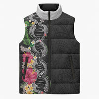 Hawaii DNA Kakau Tattoo Sleeveless Puffer Jacket with Plumeria and Hibiscus Tropical Plants Black Color