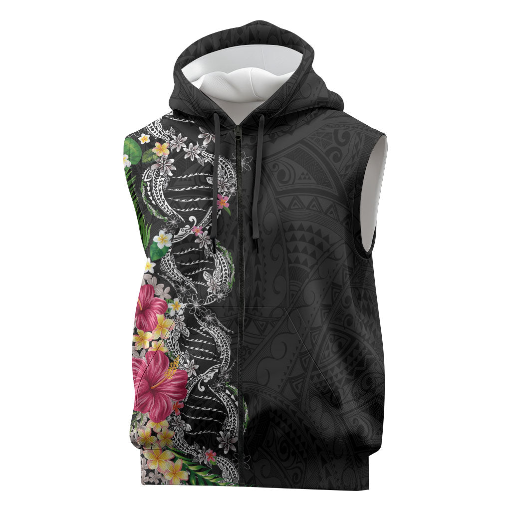 Hawaii DNA Kakau Tattoo Sleeveless Zip Hoodie with Plumeria and Hibiscus Tropical Plants Black Color