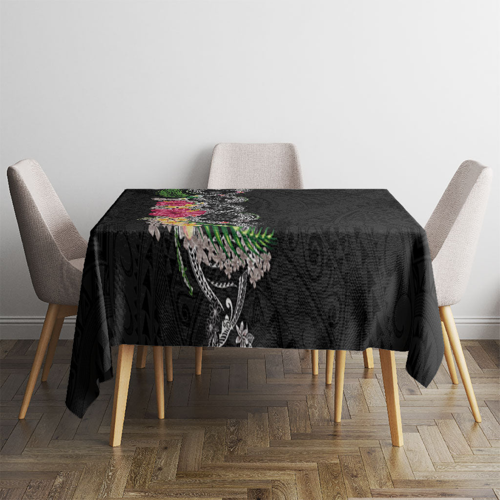 Hawaii DNA Kakau Tattoo Tablecloth with Plumeria and Hibiscus Tropical Plants Black Color
