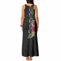 Hawaii DNA Kakau Tattoo Tank Maxi Dress with Plumeria and Hibiscus Tropical Plants Black Color