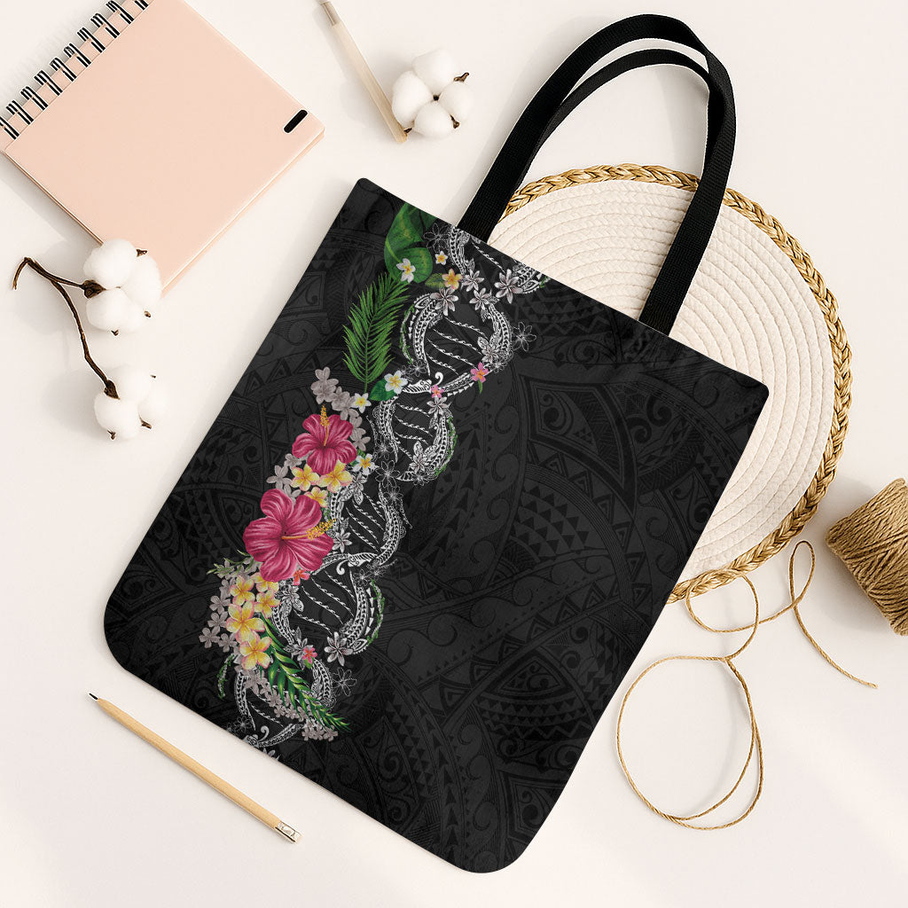 Hawaii DNA Kakau Tattoo Tote Bag with Plumeria and Hibiscus Tropical Plants Black Color