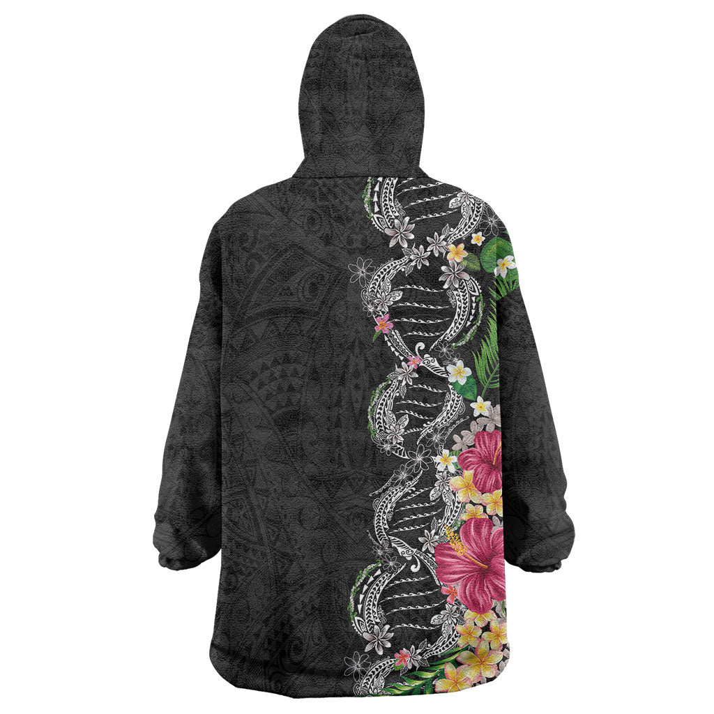 Hawaii DNA Kakau Tattoo Wearable Blanket Hoodie with Plumeria and Hibiscus Tropical Plants Black Color