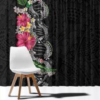 Hawaii DNA Kakau Tattoo Window Curtain with Plumeria and Hibiscus Tropical Plants Black Color